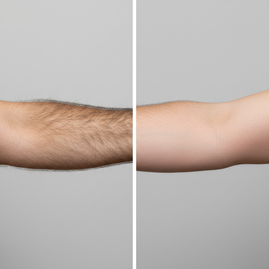 Antes e depois de depilação a laser masculina no braço — Clínica Elementus Goiânia