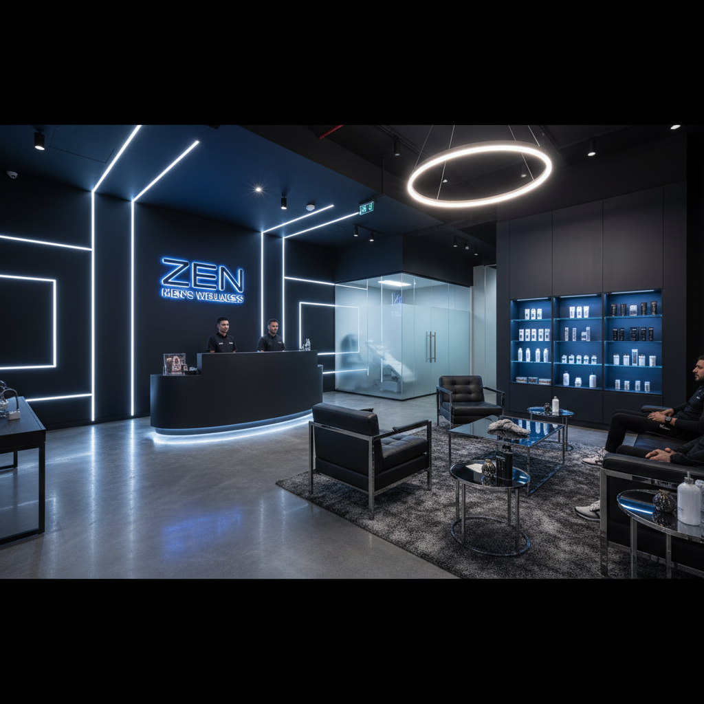 Interior moderno de clínica de estética masculina — Clínica Elementus Goiânia