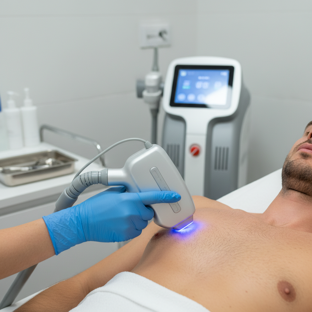 Procedimento de depilação a laser masculina no peito — Clínica Elementus Goiânia